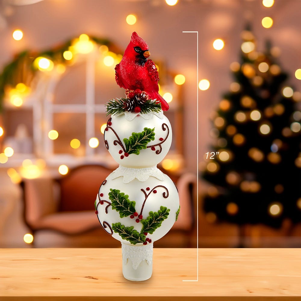Kurt Adler 12-Inch Glass Holly and Cardinal Tree Topper